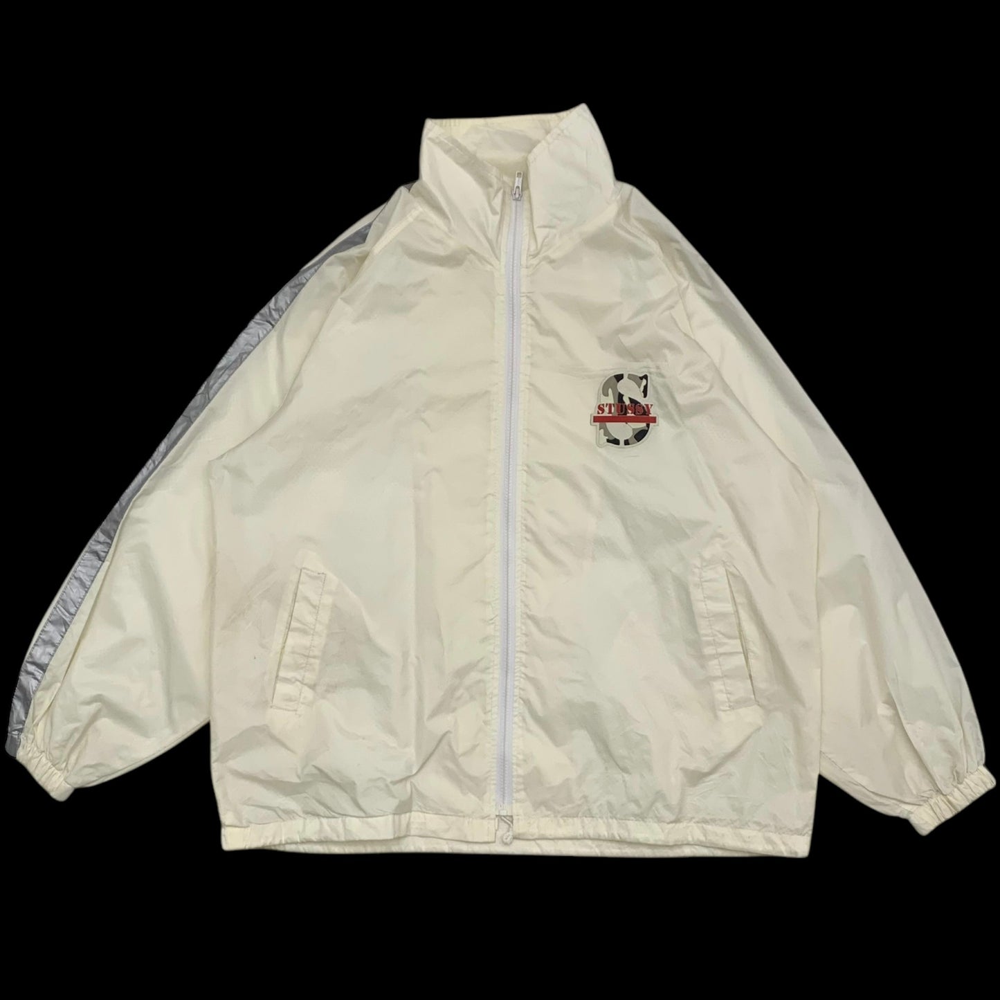 Stussy Vintage 90s Track Globe Reflective Windbreaker White (Made in USA) (Size L)
