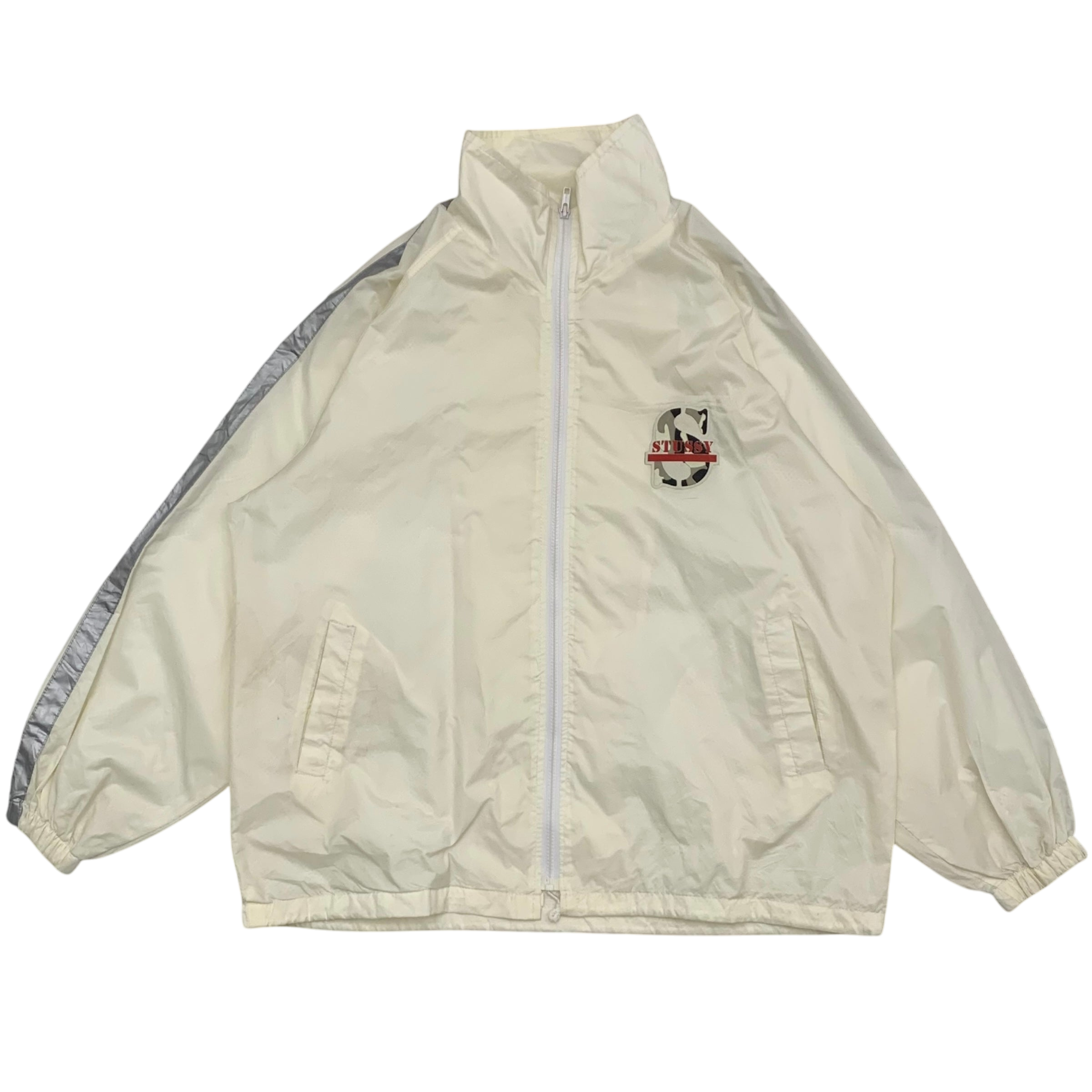 Stussy Vintage 90s Track Globe Reflective Windbreaker White (Made in USA) (Size L)