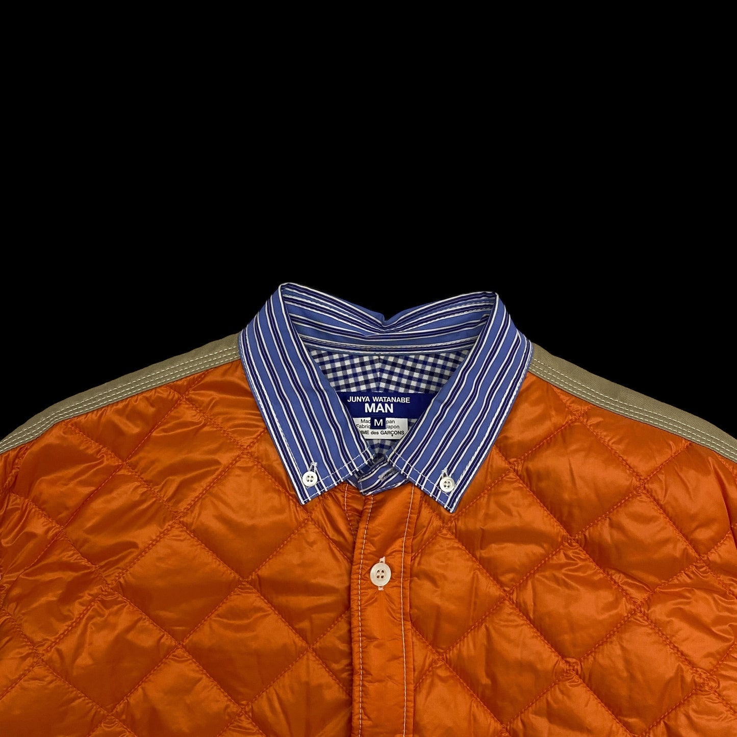 Junya Watanabe Man Quilted Ripstop Panel Striped Shirt Orange/Blue (Fits M-L)