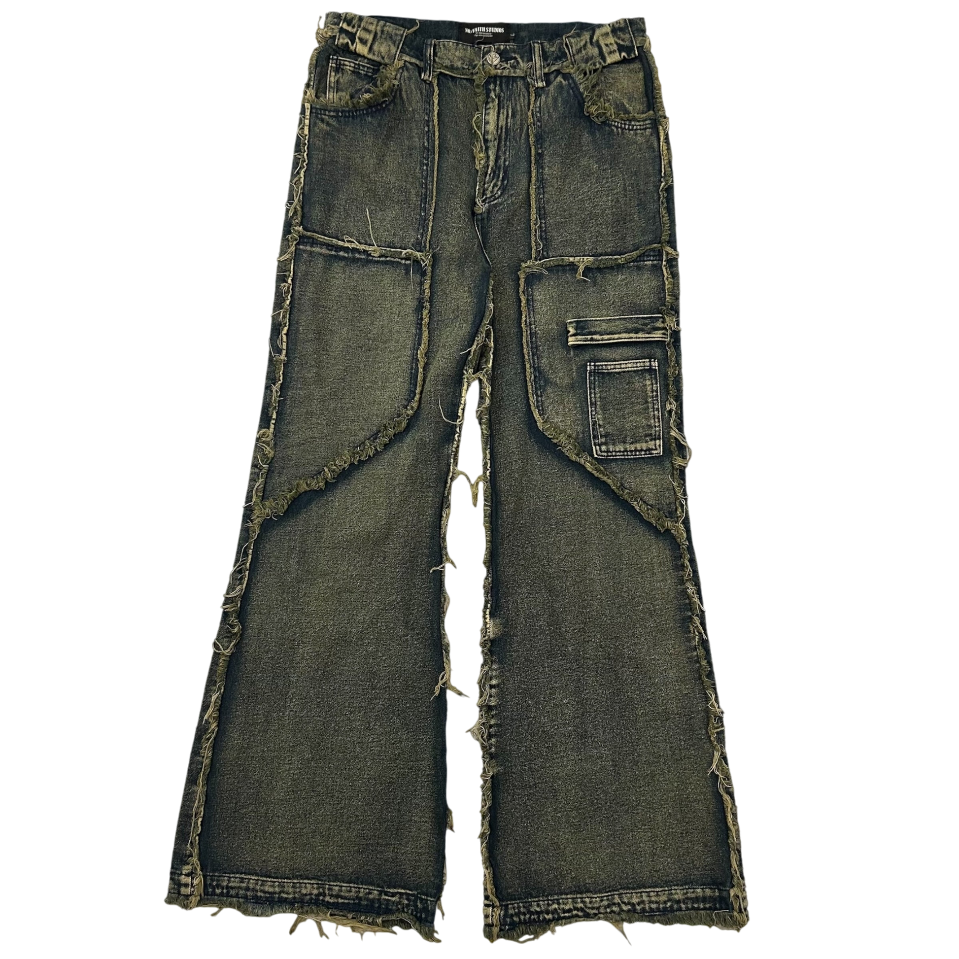 NO/FAITH STUDIOS Flared Denim Jeans Green / Blue (Size L)