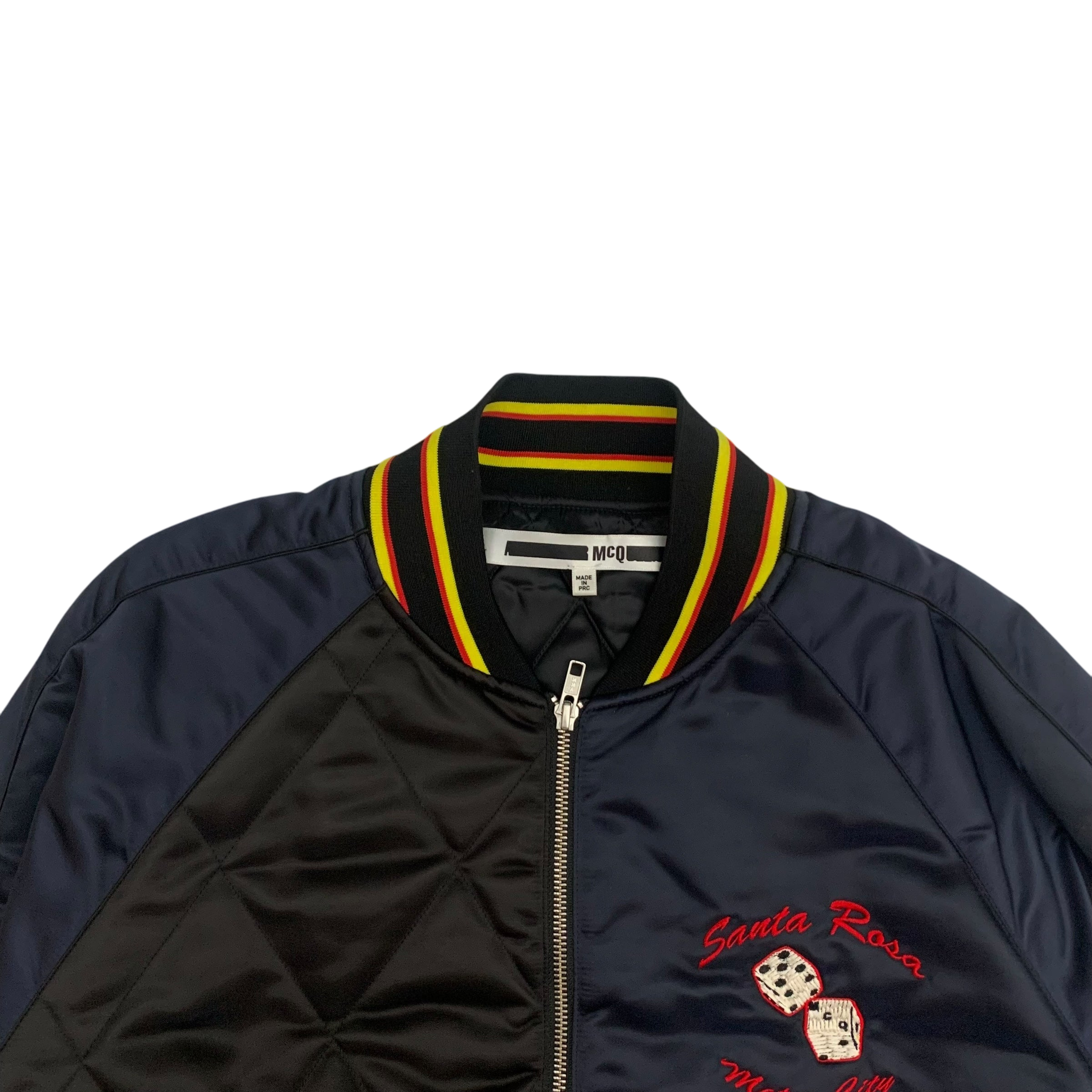 Alexander McQueen Motor City Two Tone Silk Blend Quilted Bomber Jacket Black/Navy (Fits M-L)