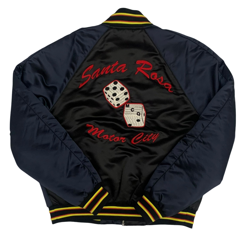 Alexander McQueen Motor City Two Tone Silk Blend Quilted Bomber Jacket Black/Navy (Fits M-L)