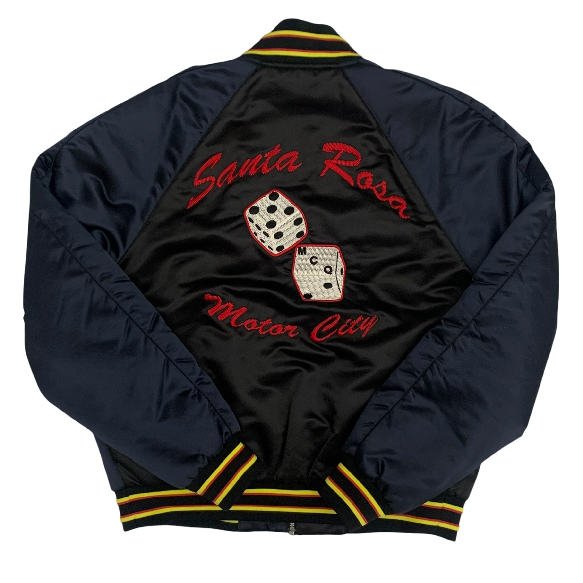 Alexander McQueen Motor City Two Tone Silk Blend Quilted Bomber Jacket Black/Navy (Fits M-L)