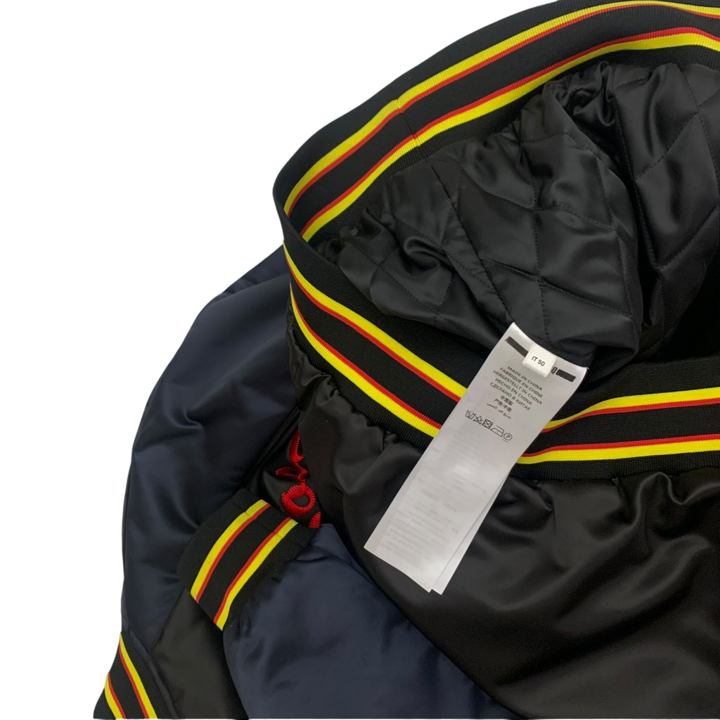 Alexander McQueen Motor City Two Tone Silk Blend Quilted Bomber Jacket Black/Navy (Fits M-L)