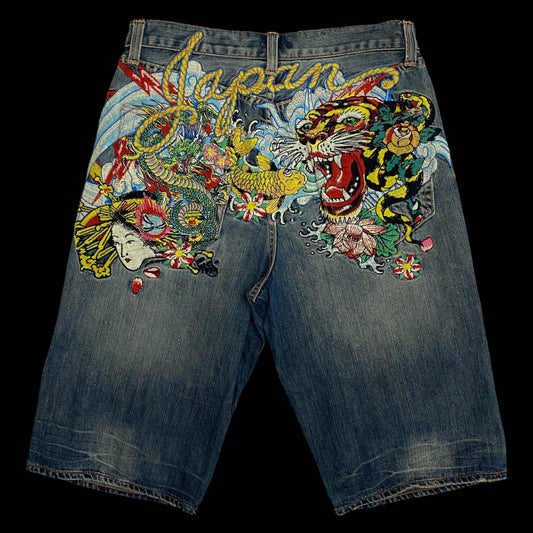 Ed Hardy Japan Embroidered Denim Shorts (Size 32”)