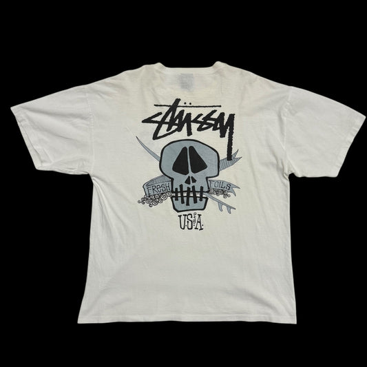 Stussy Vintage Early 90s ‘Fresh Foils’ Skull T-shirt White (Made in Aus) (Size L)