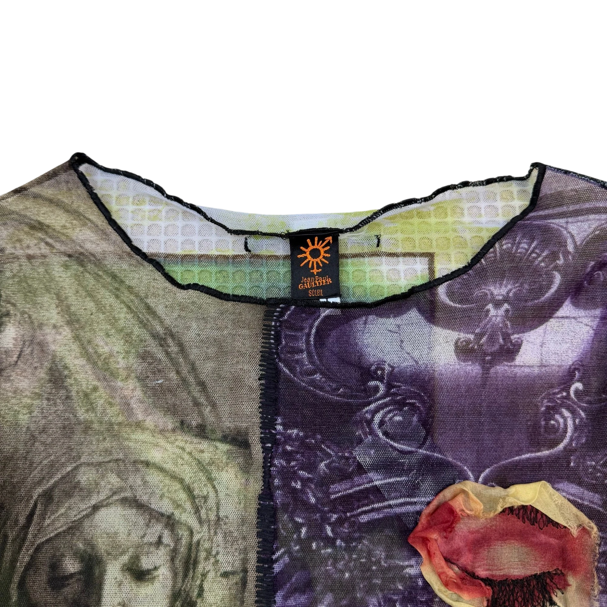 Jean Paul Gaultier SS98 Soleil Patchwork Graphic Mesh Top (Size L)