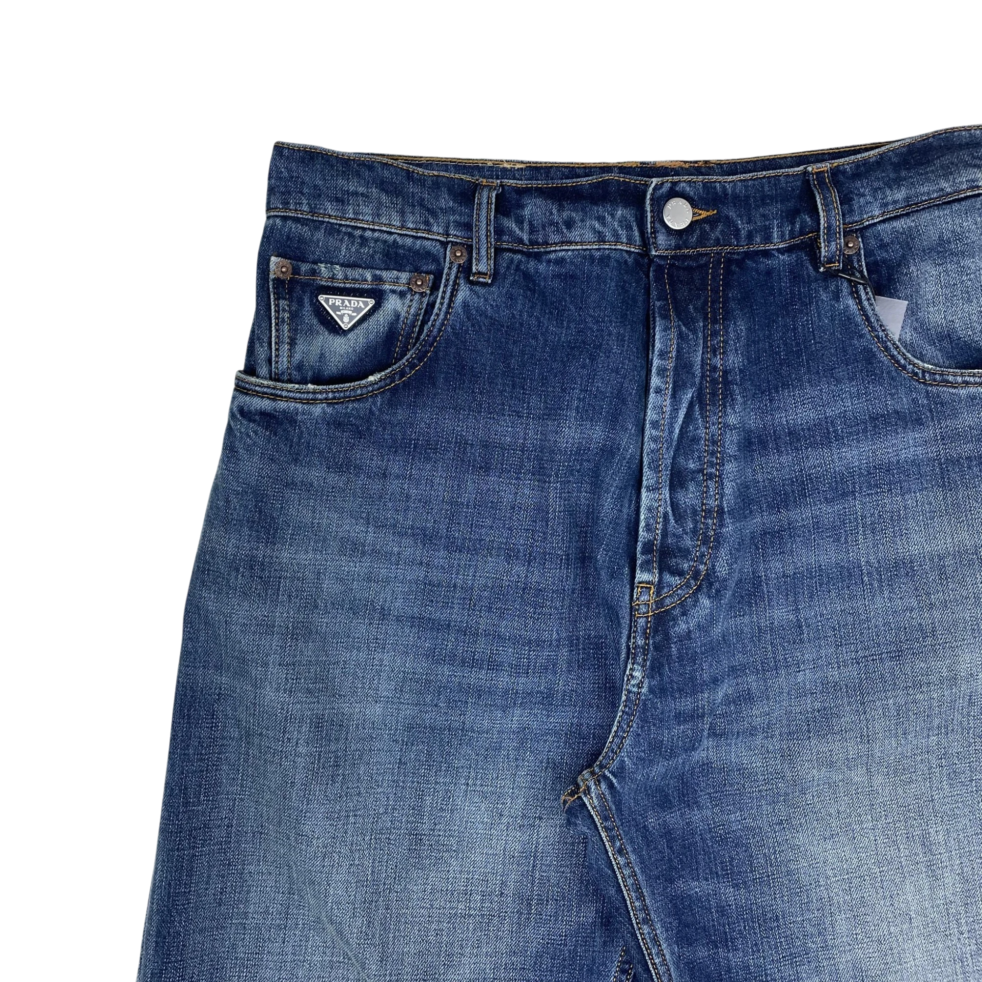 Prada Triangle Plaque Logo Jeans Washed Blue (Size 35”)