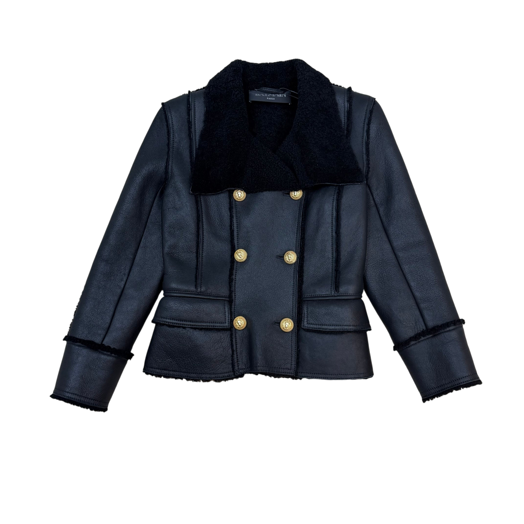 Balmain 2010s Double Breasted Shearling Leather Jacket Black (Size 38)