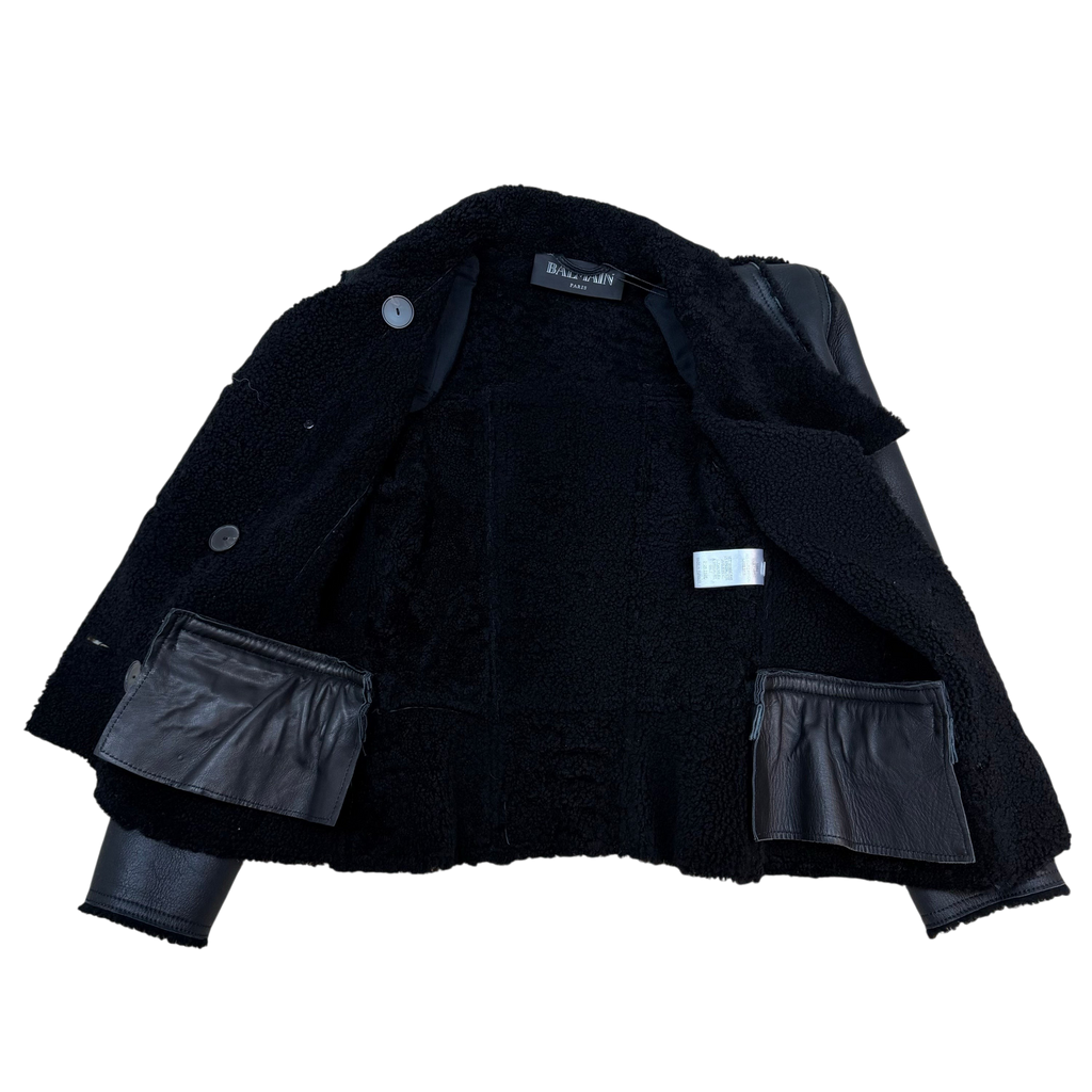Balmain 2010s Double Breasted Shearling Leather Jacket Black (Size 38)