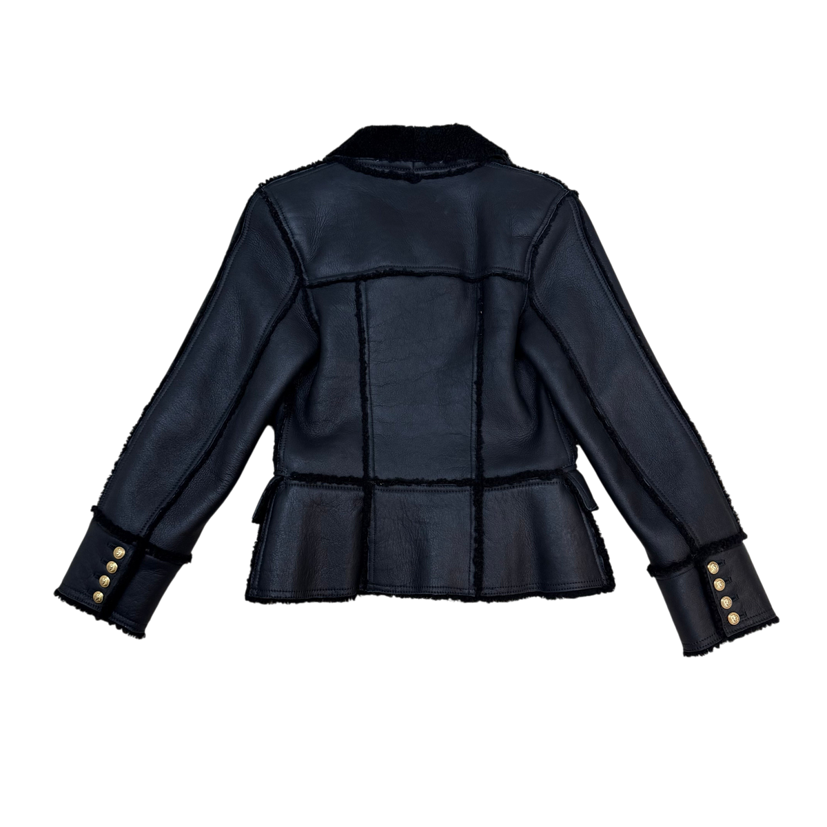 Balmain 2010s Double Breasted Shearling Leather Jacket Black (Size 38)