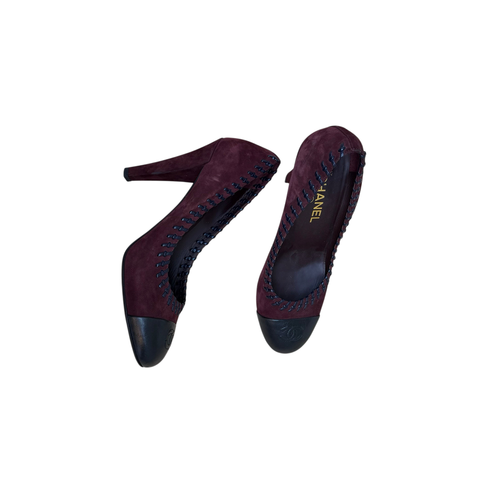 Chanel Whipstitched CC Cap Toe Suede/Leather Pumps Burgundy (Size EU40.5)