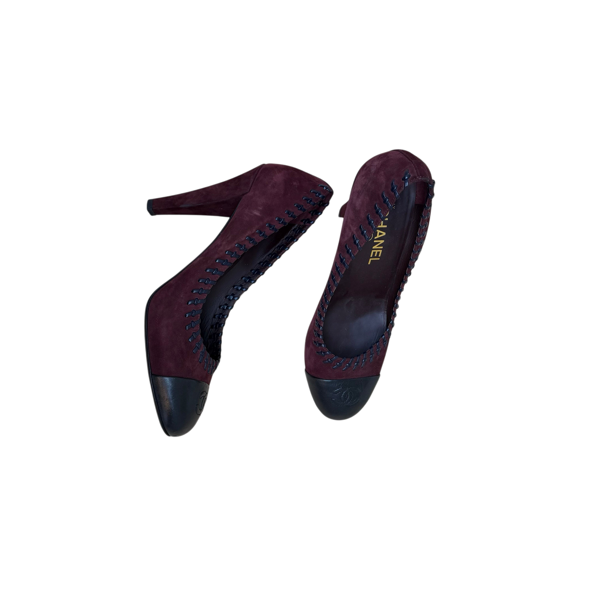 Chanel Whipstitched CC Cap Toe Suede/Leather Pumps Burgundy (Size EU40.5)