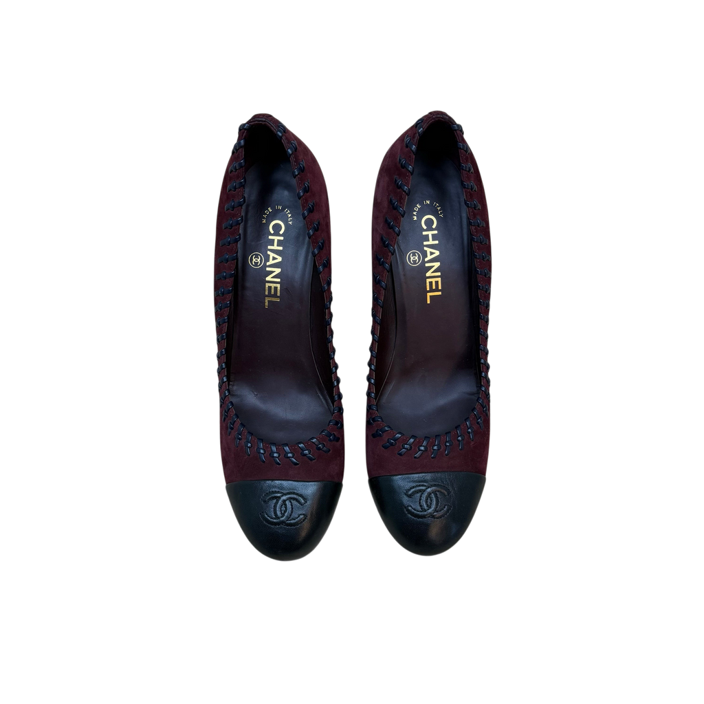 Chanel Whipstitched CC Cap Toe Suede/Leather Pumps Burgundy (Size EU40.5)