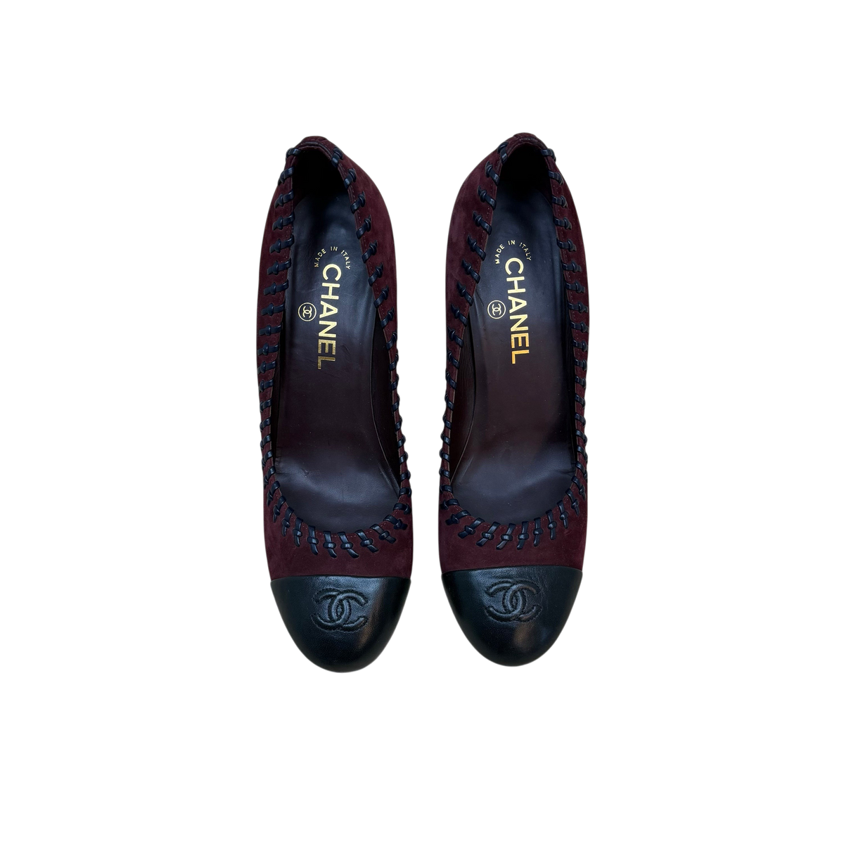 Chanel Whipstitched CC Cap Toe Suede/Leather Pumps Burgundy (Size EU40.5)