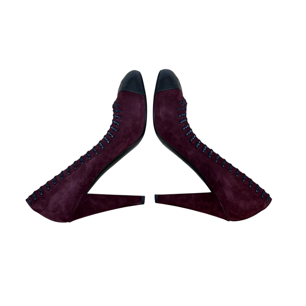 Chanel Whipstitched CC Cap Toe Suede/Leather Pumps Burgundy (Size EU40.5)