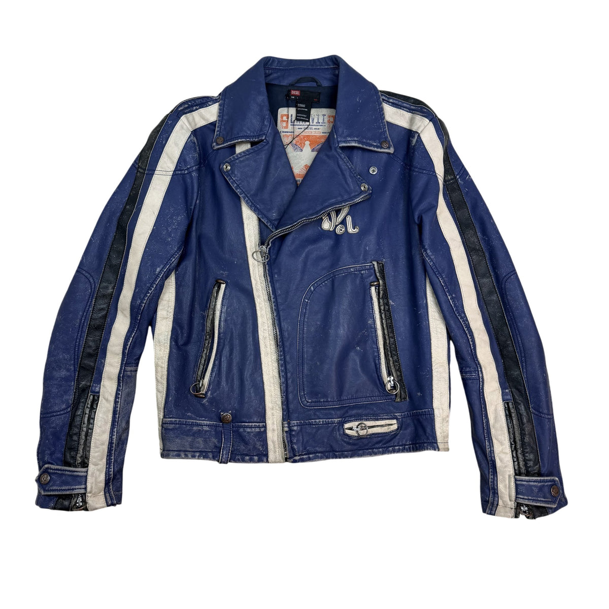 Diesel 2005 Leather Biker Jacket Blue/White (Size L)