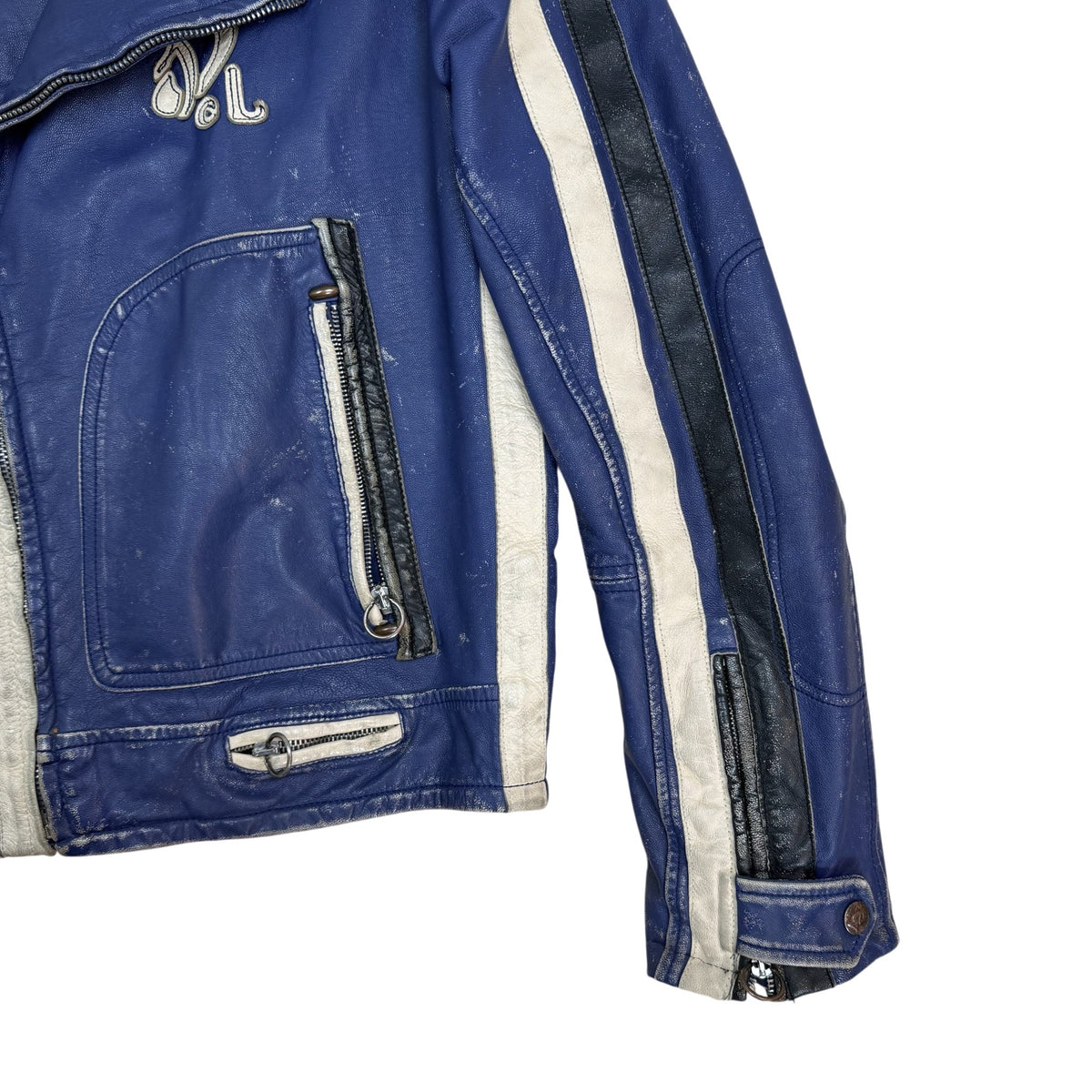 Diesel 2005 Leather Biker Jacket Blue/White (Size L)