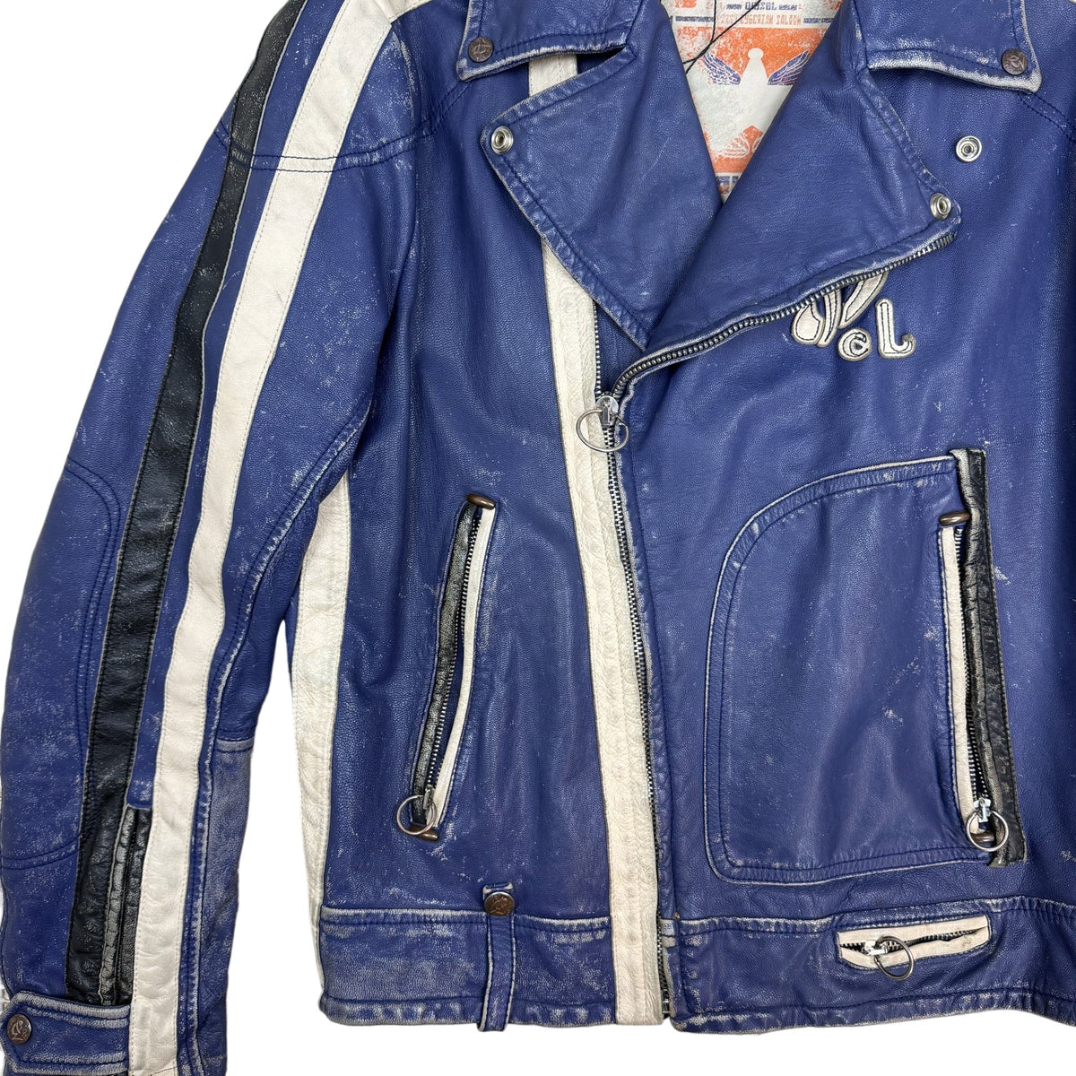 Diesel 2005 Leather Biker Jacket Blue/White (Size L)