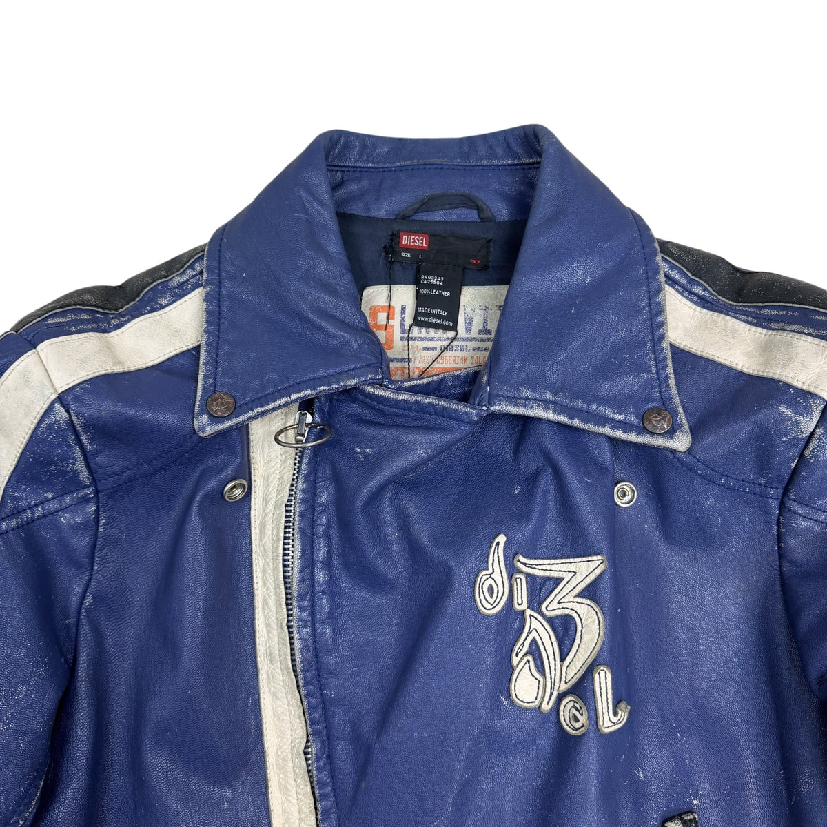 Diesel 2005 Leather Biker Jacket Blue/White (Size L)