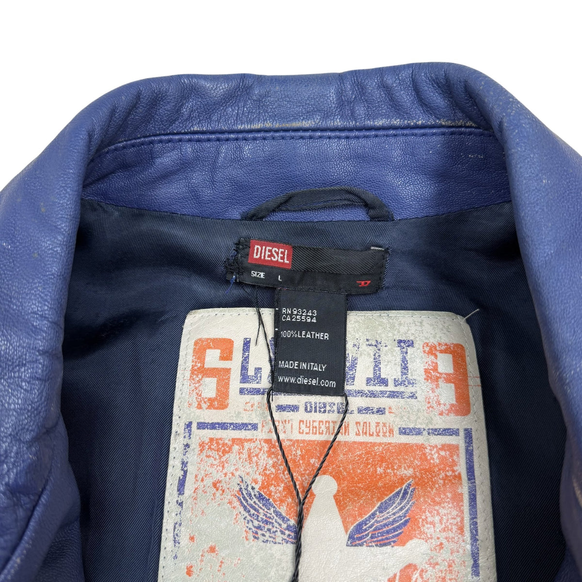Diesel 2005 Leather Biker Jacket Blue/White (Size L)