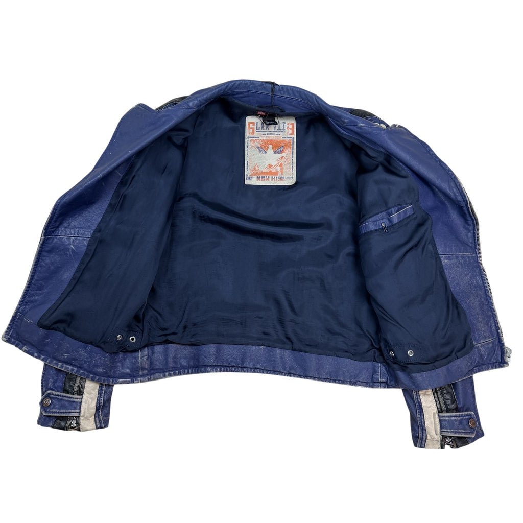 Diesel 2005 Leather Biker Jacket Blue/White (Size L)