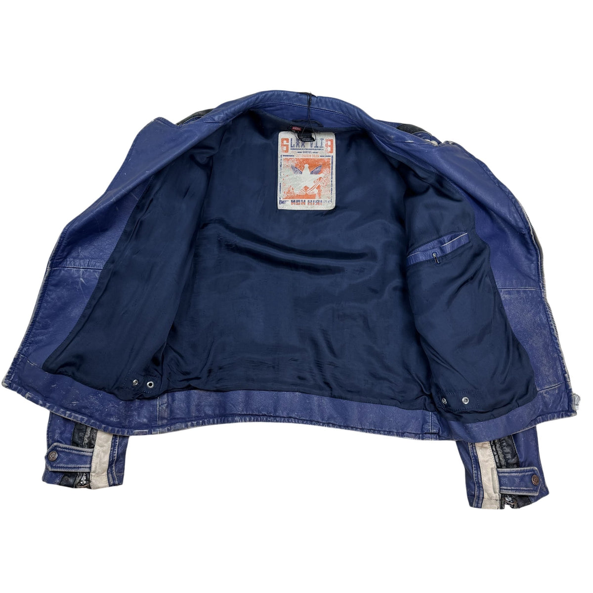 Diesel 2005 Leather Biker Jacket Blue/White (Size L)