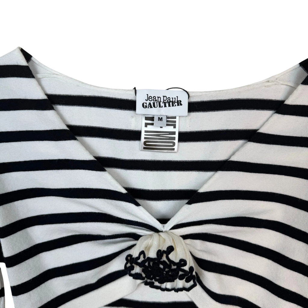 Jean Paul Gaultier Striped Appliqué Flower Crop Top Black/White (Size M Womens)