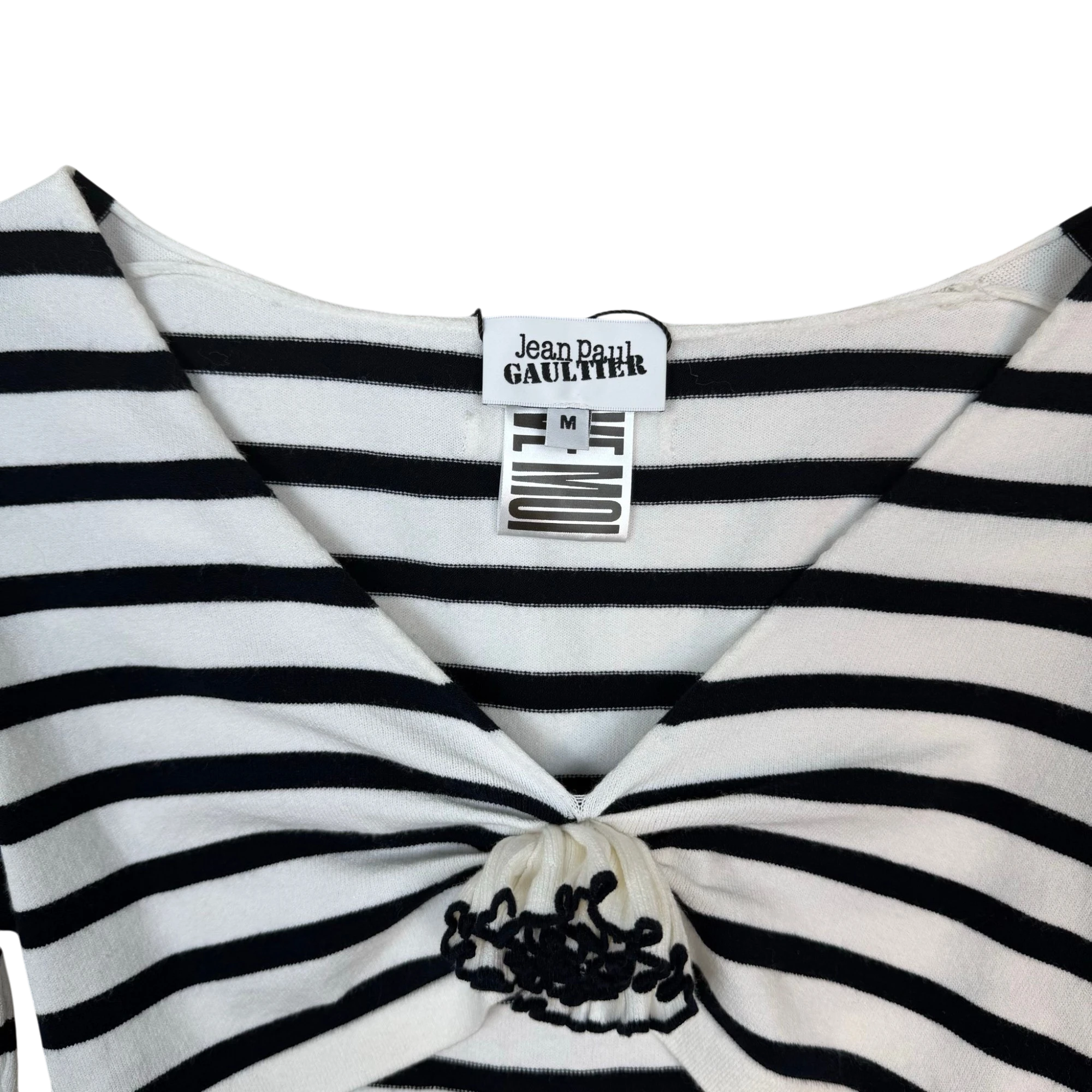 Jean Paul Gaultier Striped Appliqué Flower Crop Top Black/White (Size M Womens)