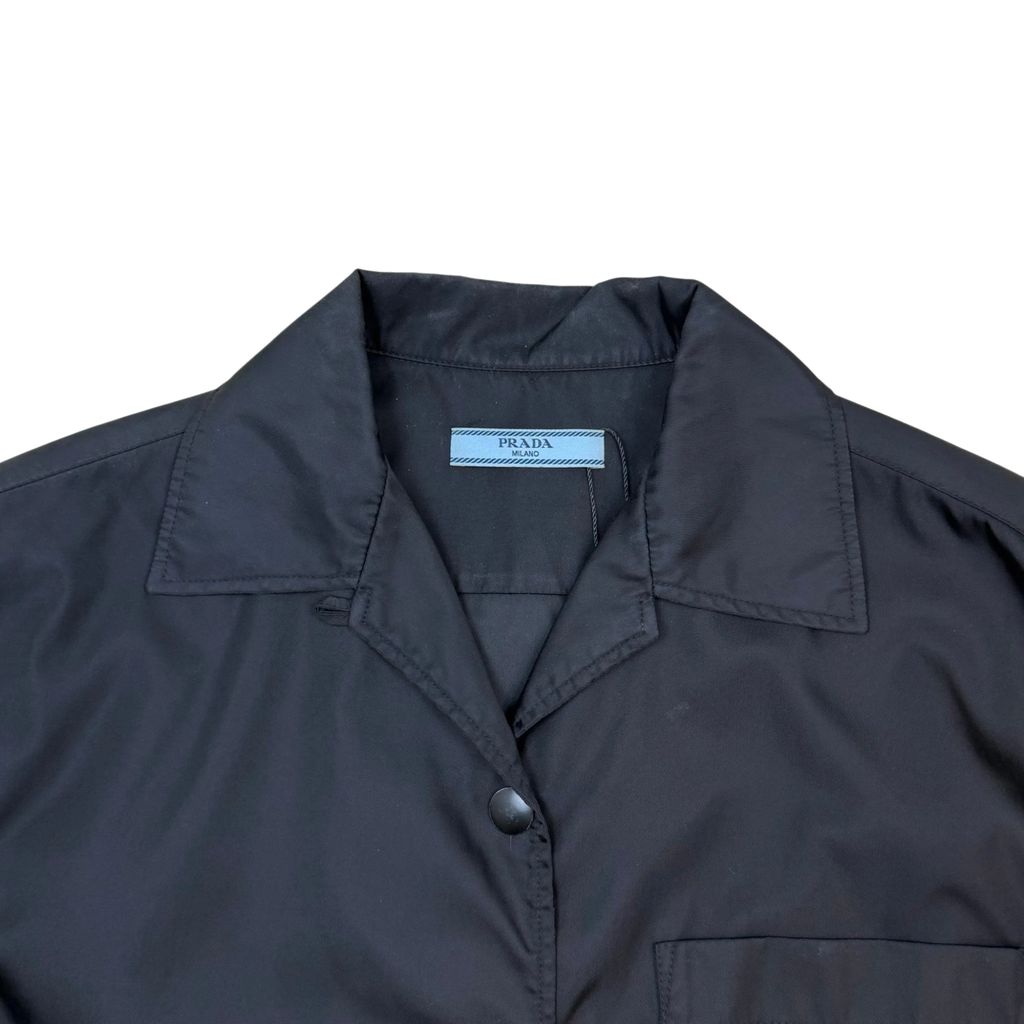 Prada Re-Nylon Triangle Logo-Appliqué Short Sleeve Button-Up Shirt Black (Fits S Mens)