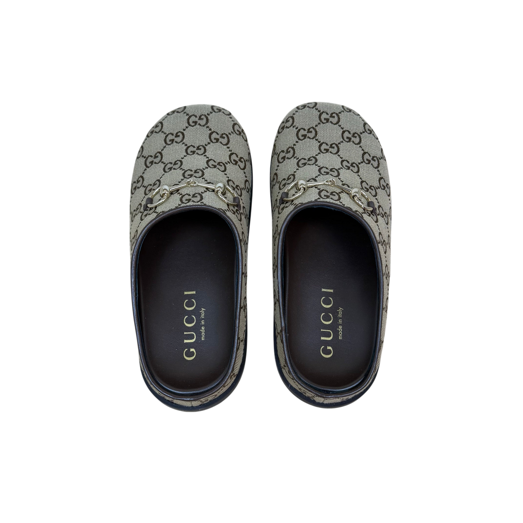 Gucci Horsebit Flat Mules Brown Monogram (Size EU39.5)