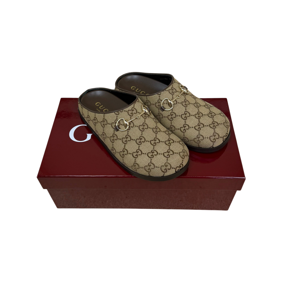 Gucci Horsebit Flat Mules Brown Monogram (Size EU39.5)
