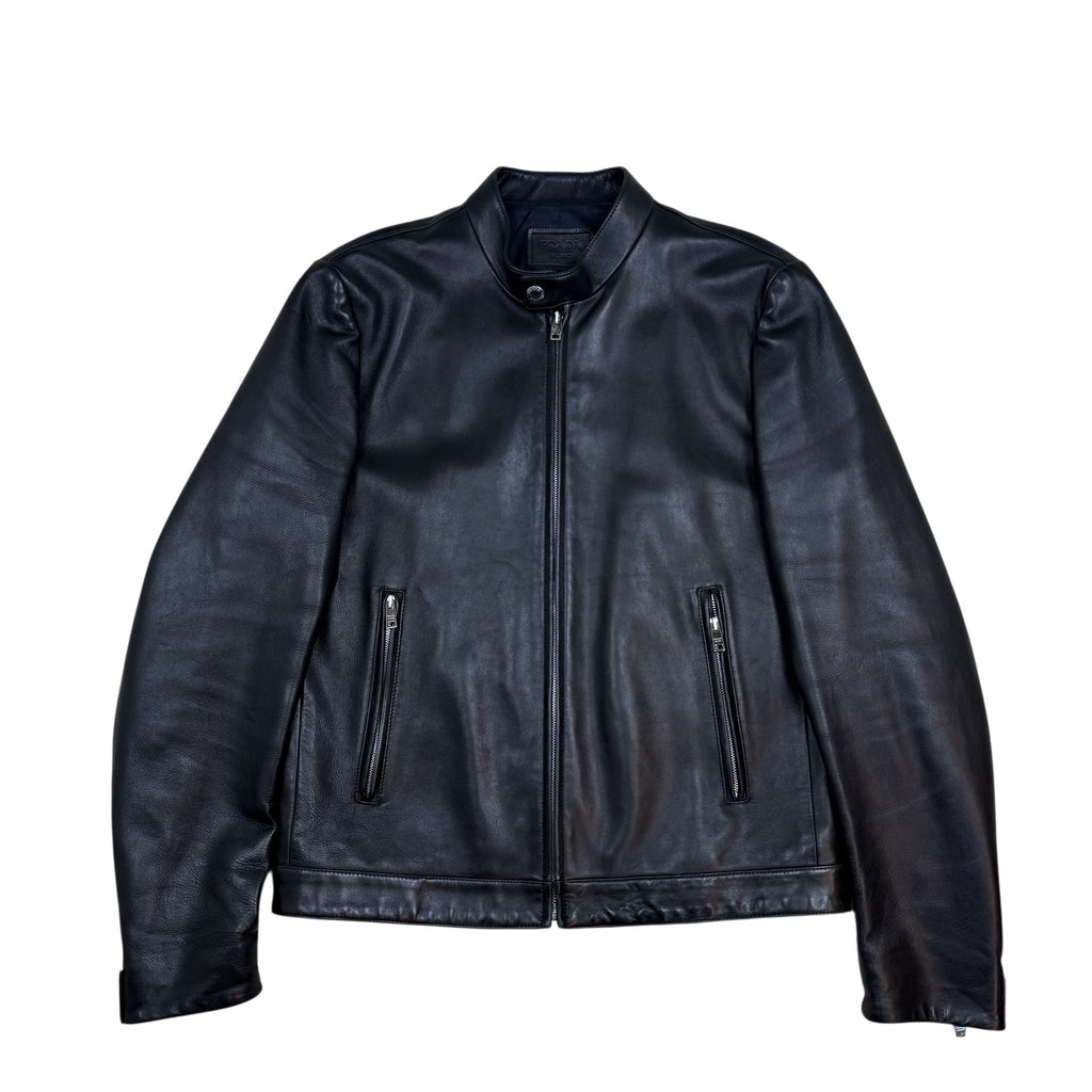Prada Lambskin Leather Cafe Racer Moto Jacket Black (Size 50/L)