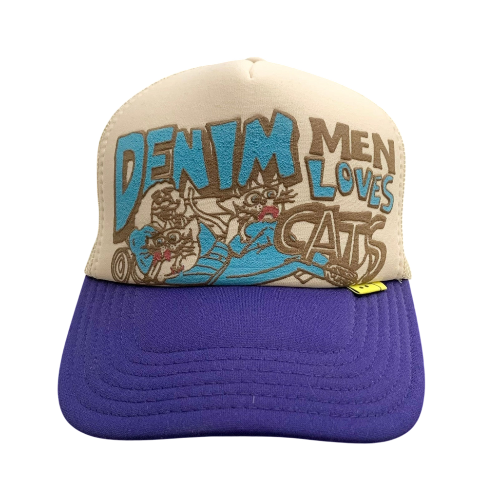 Kapital ‘Denim Men Love Cats’ Trucker Cap Beige / Purple