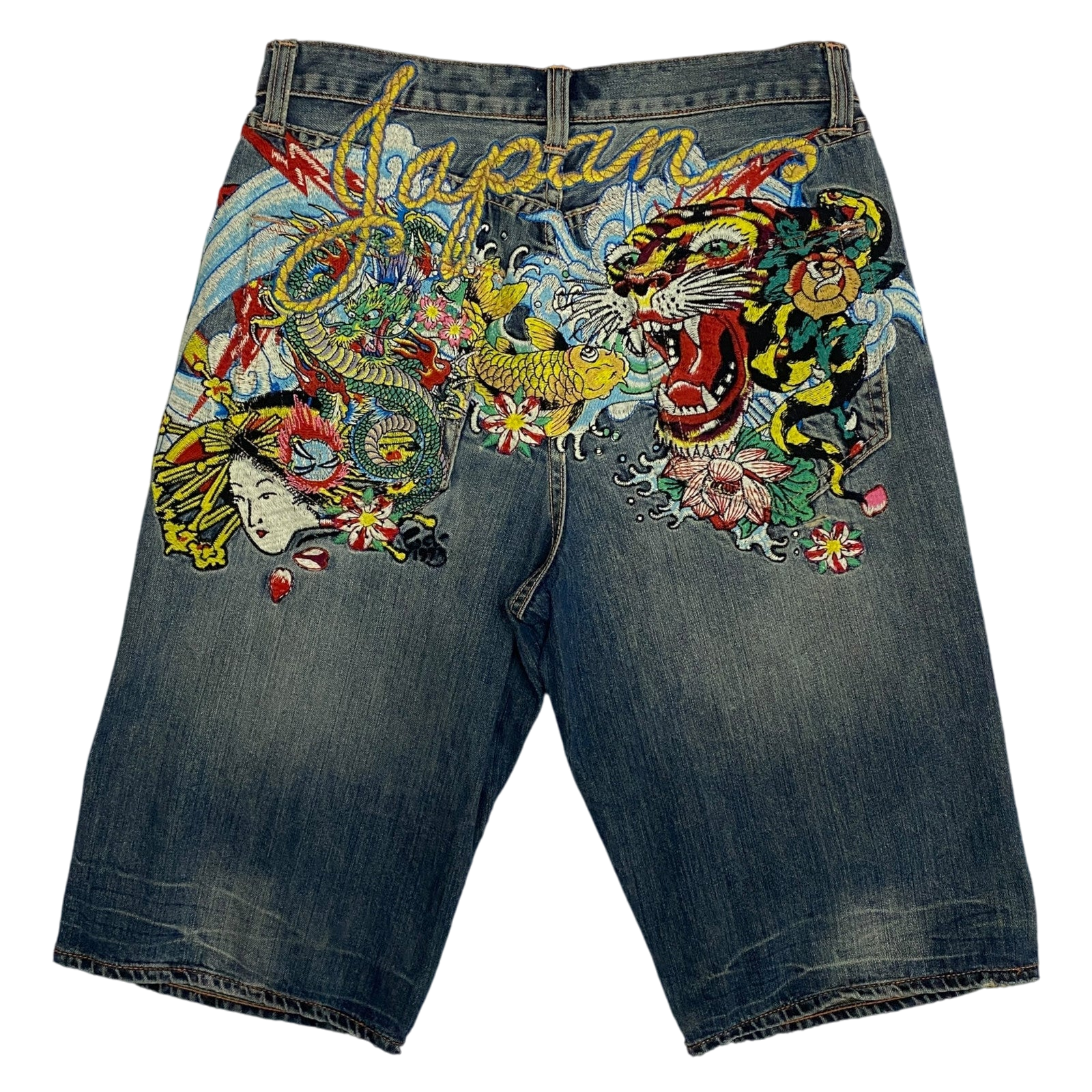 Ed Hardy Japan Embroidered Denim Shorts (Size 32”)