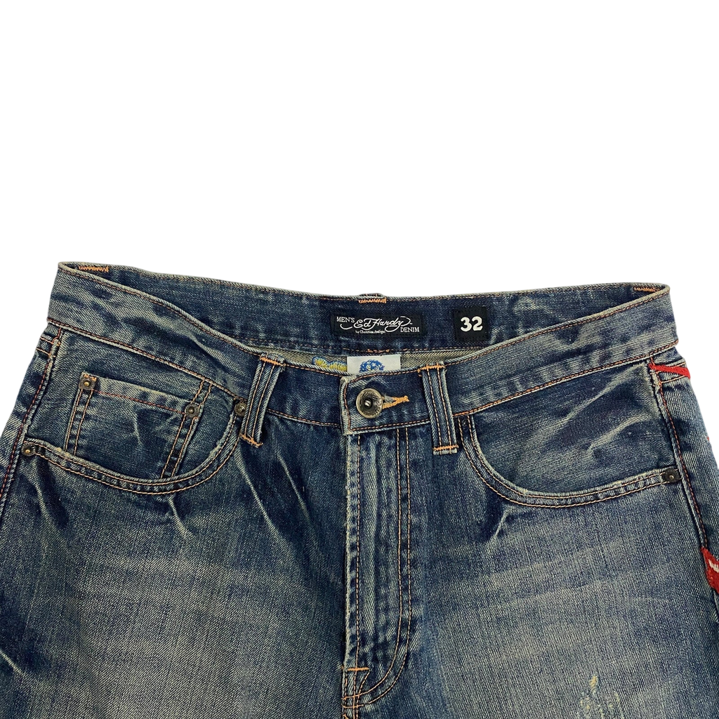 Ed Hardy Japan Embroidered Denim Shorts (Size 32”)