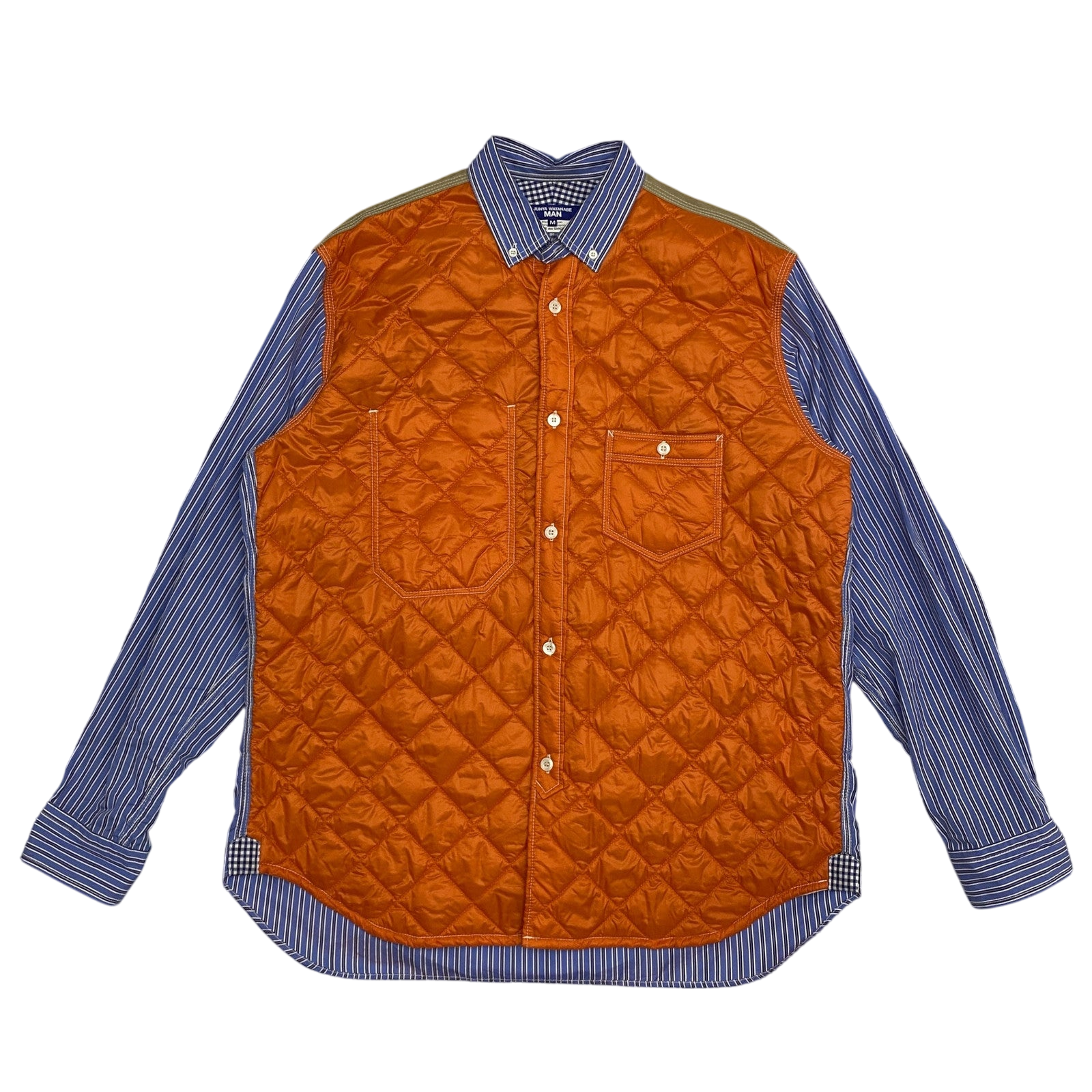 Junya Watanabe Man Quilted Ripstop Panel Striped Shirt Orange/Blue (Fits M-L)