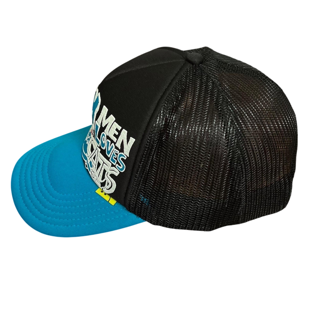 Kapital ‘Denim Men Love Cats’ Trucker Cap Black / Blue