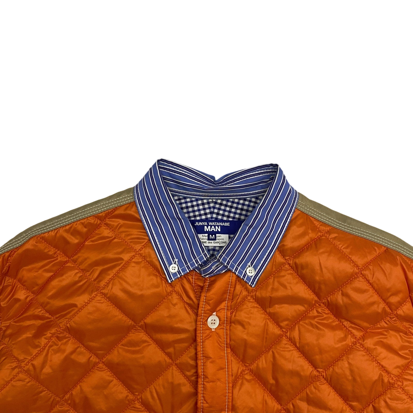 Junya Watanabe Man Quilted Ripstop Panel Striped Shirt Orange/Blue (Fits M-L)
