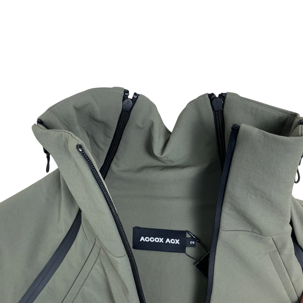 Zenno Archive ACCOX ACX Xirva cropped technical jacket in olive green with black zipper details and high collar