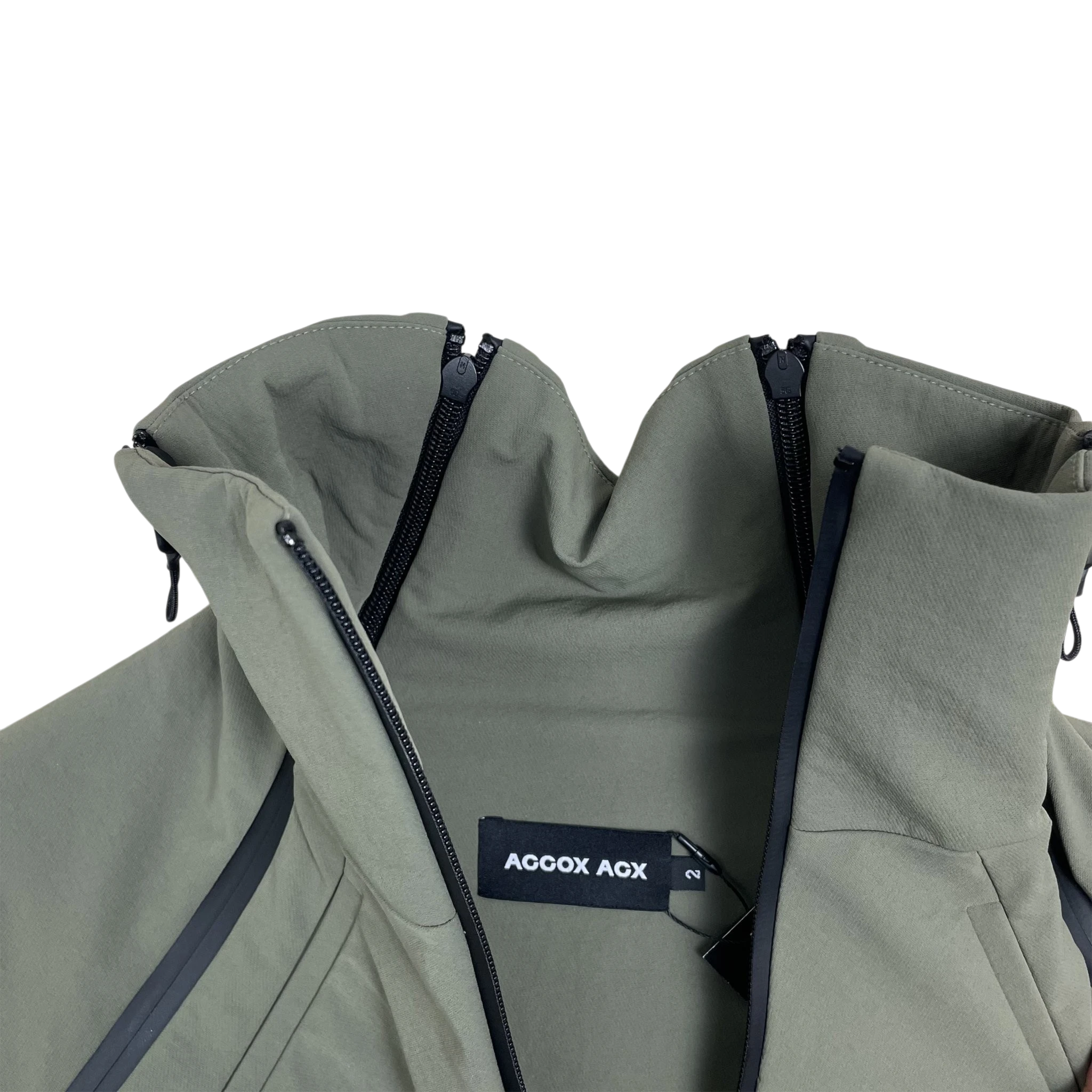 Zenno Archive ACCOX ACX Xirva cropped technical jacket in olive green with black zipper details and high collar