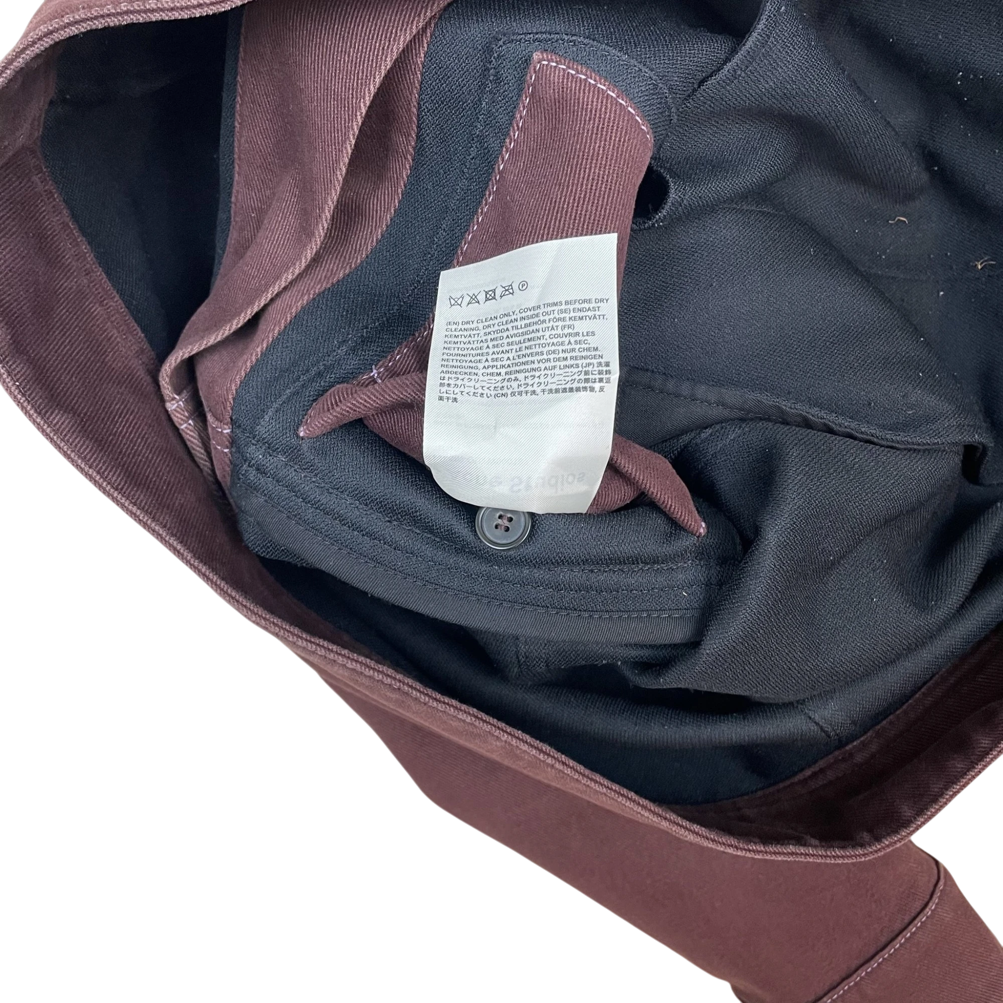 Zenno Archive Acne Studios AW19 cotton twill trucker jacket in burgundy with interior care label and button detail