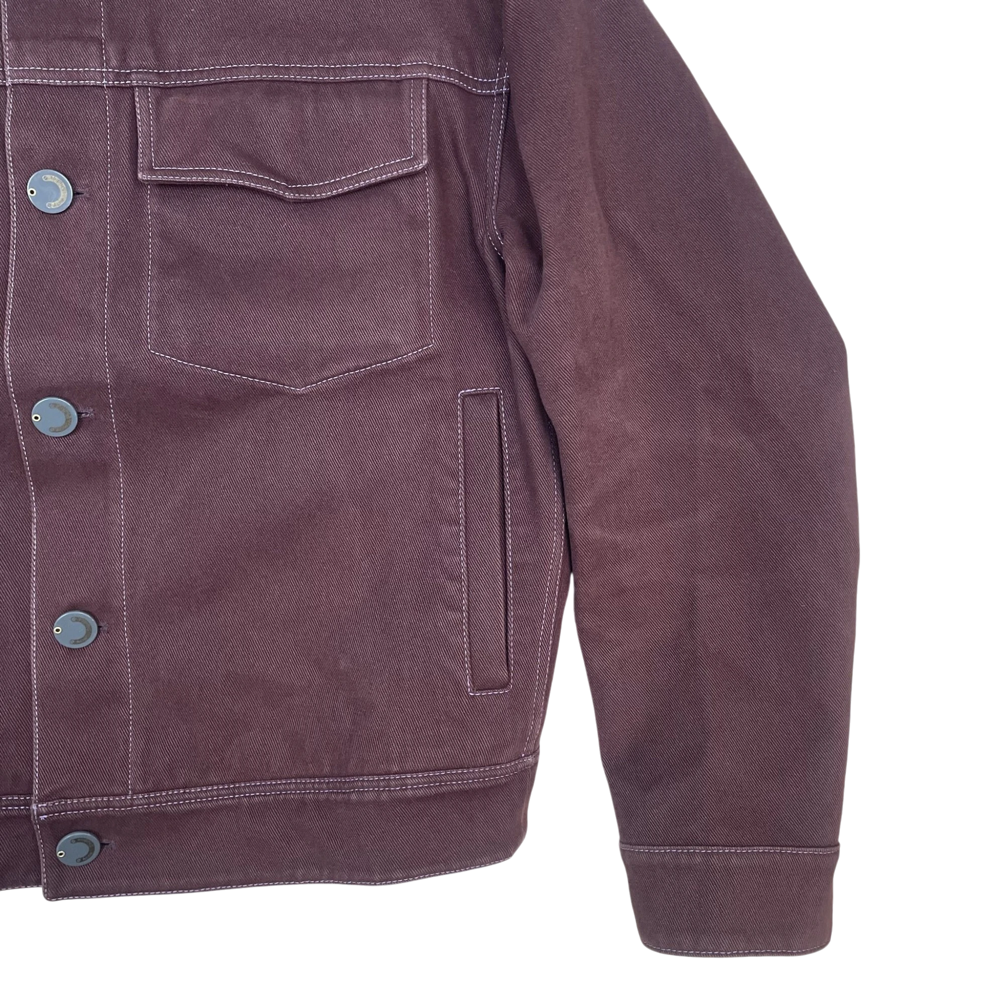 Zenno Archive Acne Studios AW19 brick red cotton twill trucker jacket with white contrast stitching and metal buttons