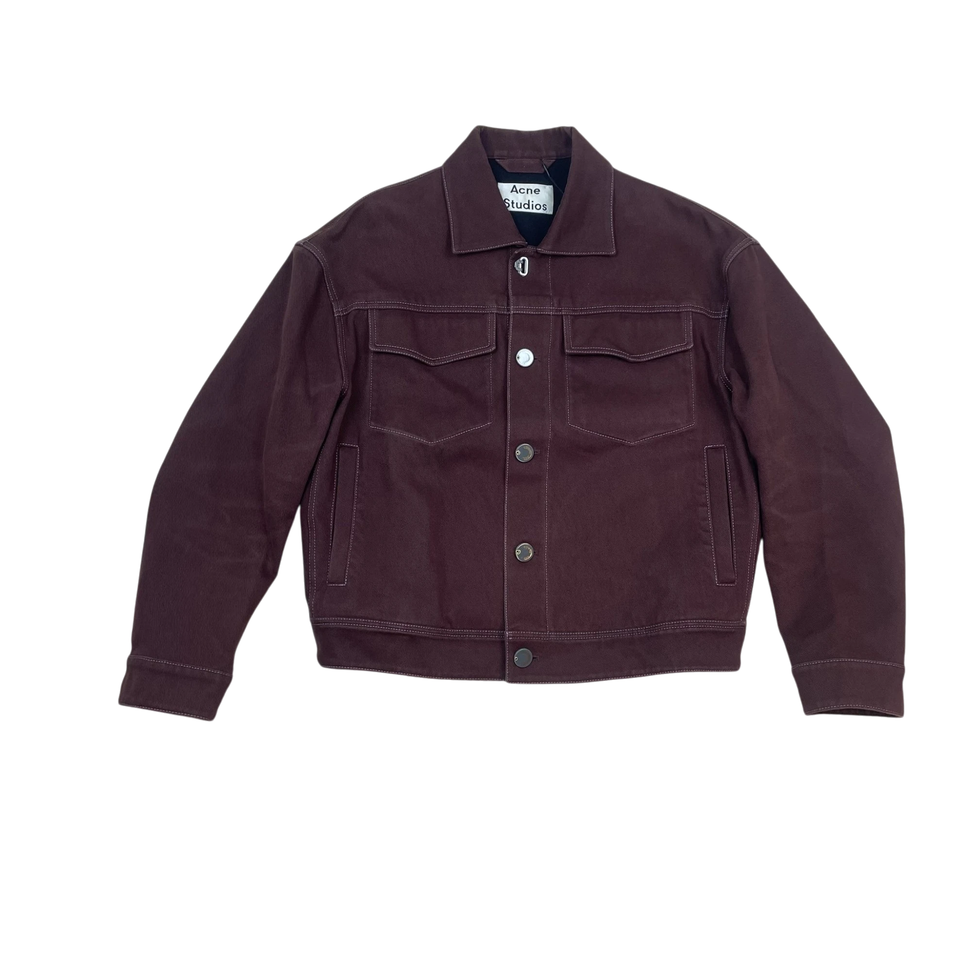 Zenno Archive Acne Studios AW19 burgundy cotton twill trucker jacket with button front and chest pockets