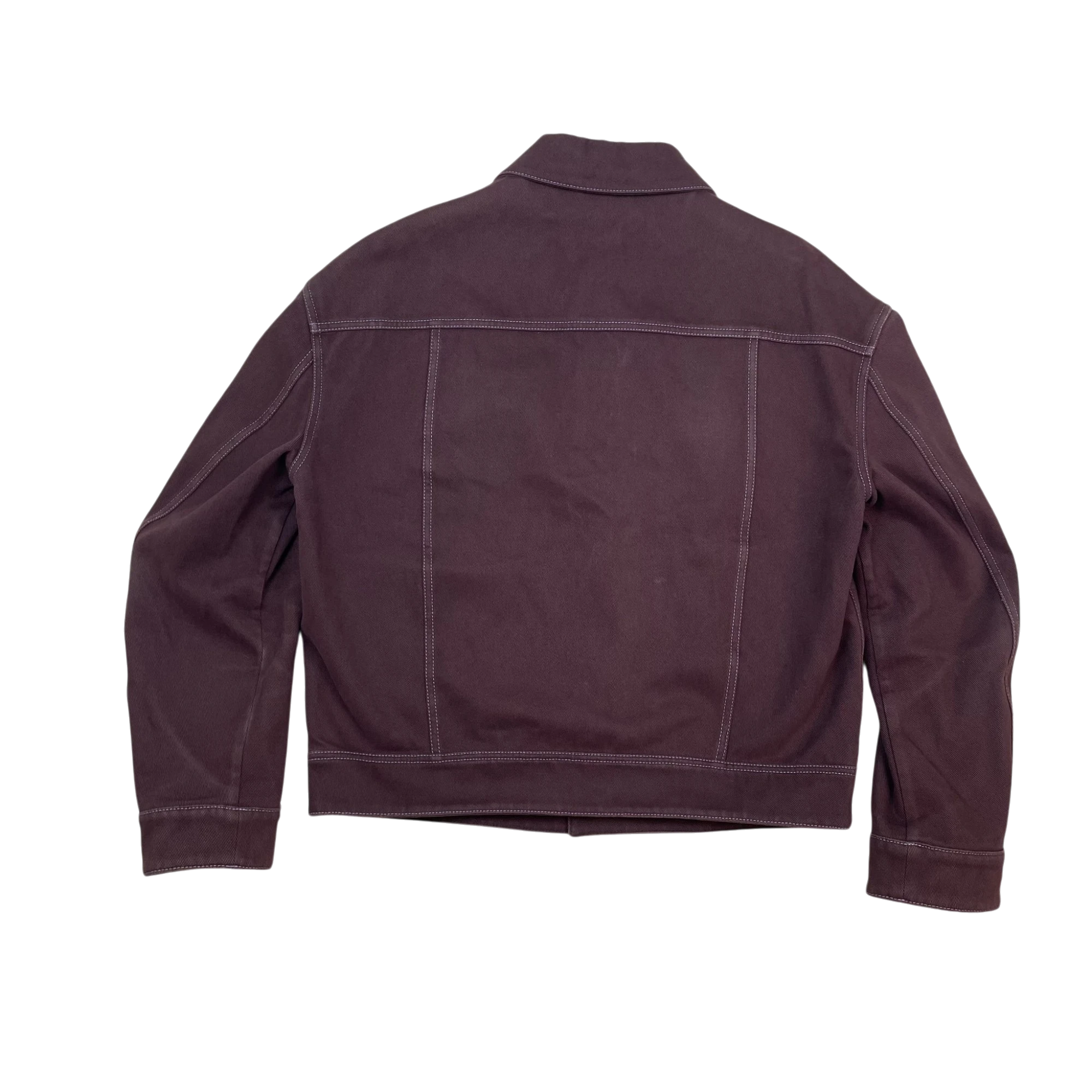 Back view of Zenno Archive Acne Studios AW19 cotton twill trucker jacket in brick red burgundy with contrast stitching