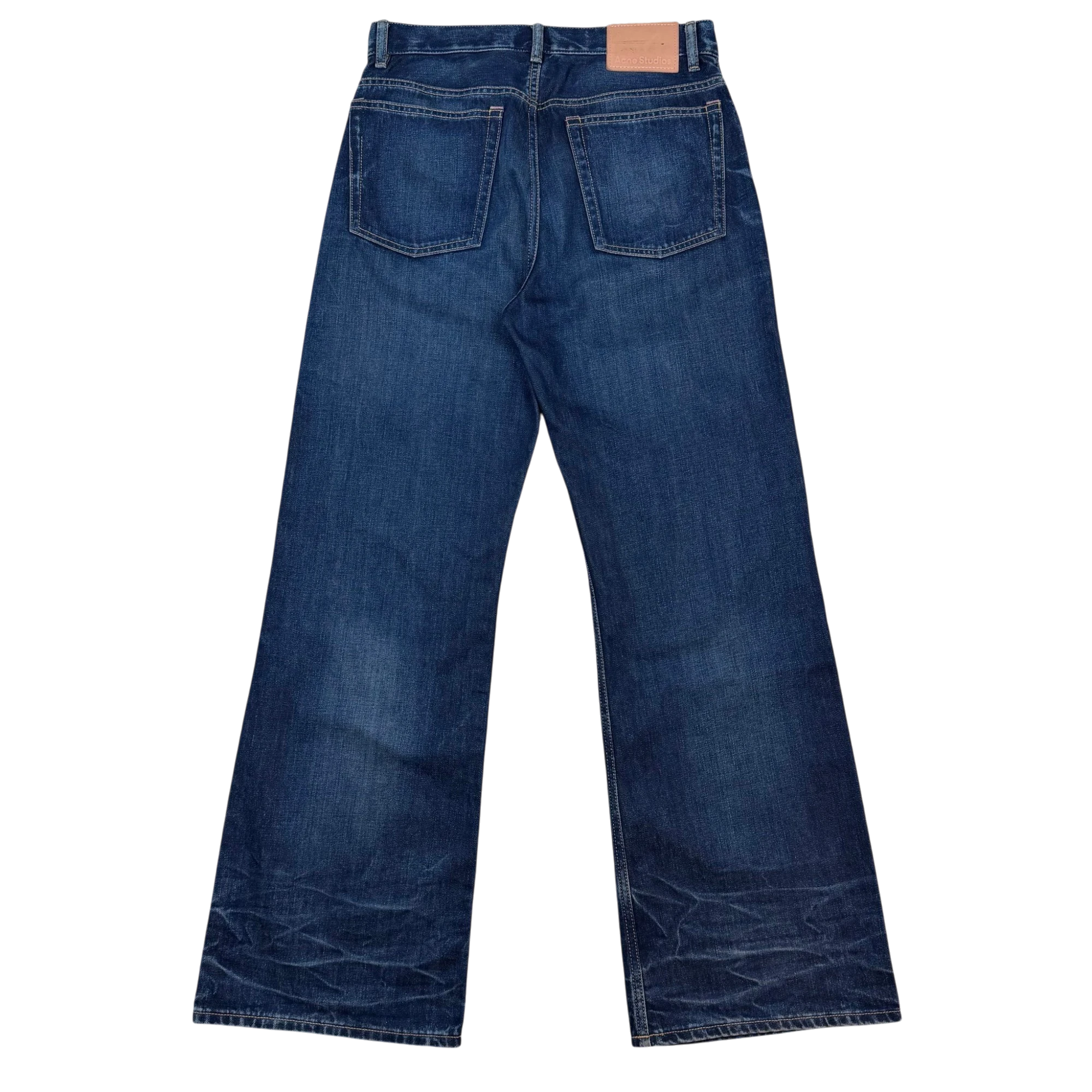 Zenno Archive Acne Studios dark wash denim jeans with whiskering detail and tan leather back patch, back view