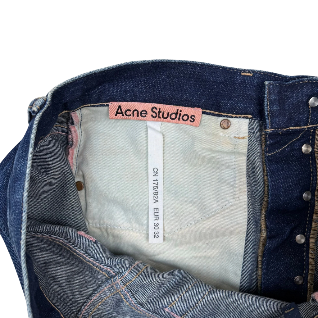 Zenno Archive Acne Studios dark wash denim jeans with pink brand label and size 30x32 tag