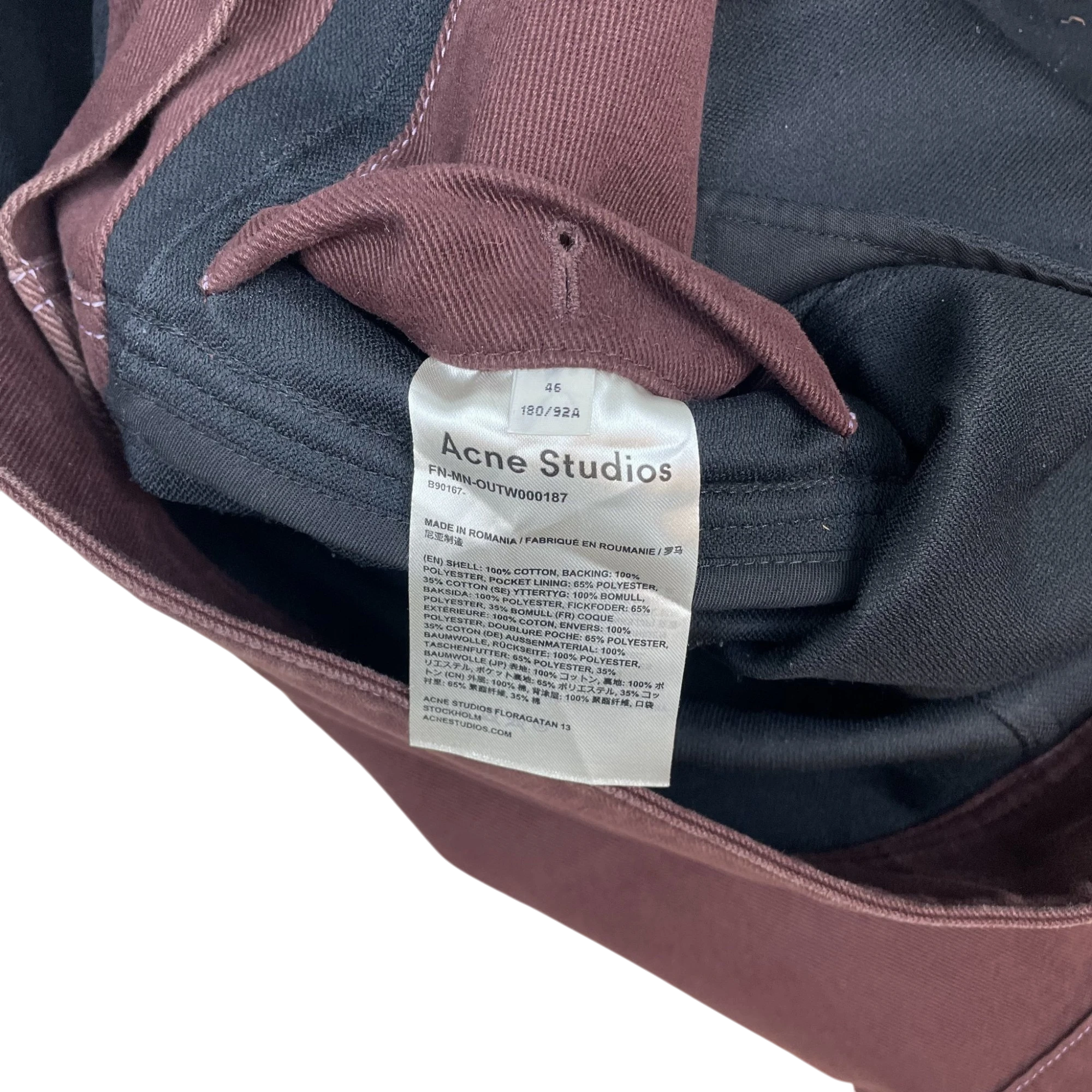 Zenno Archive Acne Studios AW19 burgundy cotton twill trucker jacket interior care label and size tag