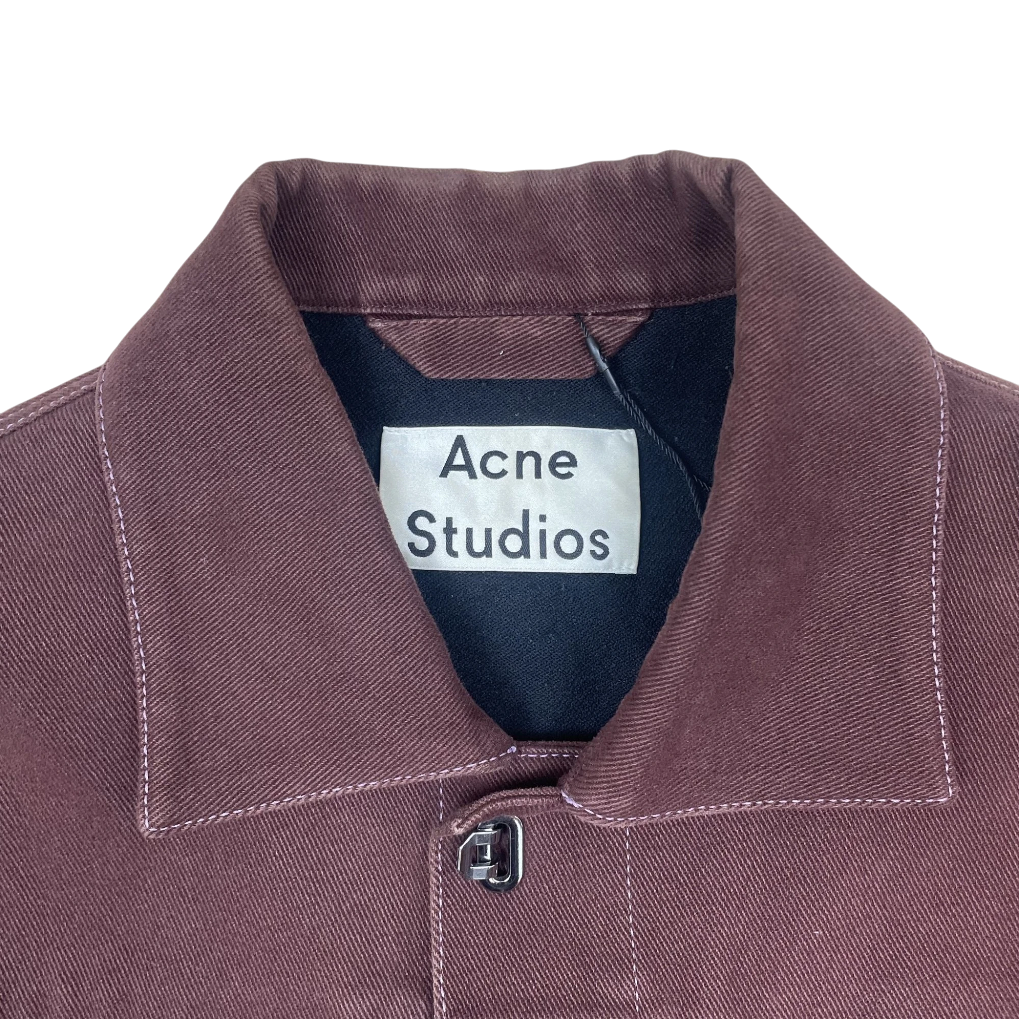 Zenno Archive Acne Studios AW19 brick red cotton twill trucker jacket collar and brand label detail