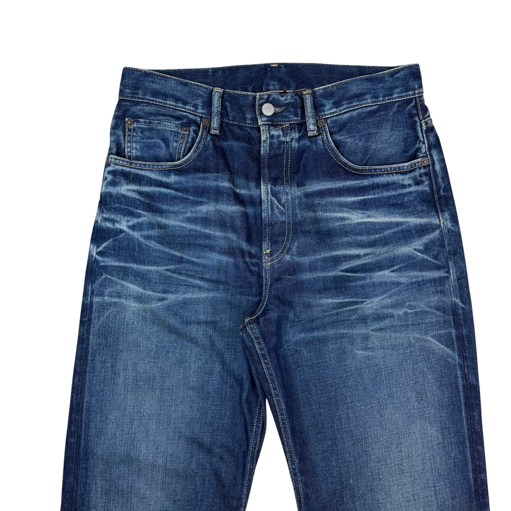 Zenno Archive Acne Studios dark wash denim jeans featuring whiskered detailing and a classic button fly closure.